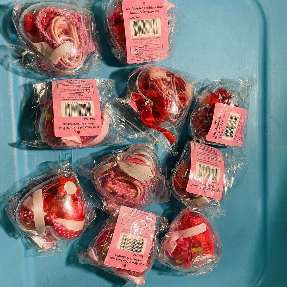 Girls Valentine’s Favors Sets  Hearts Filled W/ Hair Ties Lot - 10